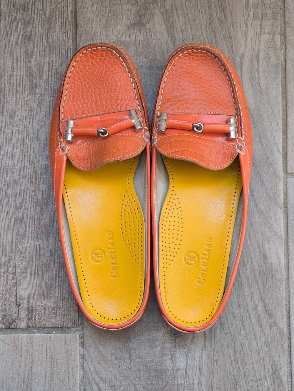 Cole Haan Orange Leather Bit Loafers with Yellow Insole - Size 6
